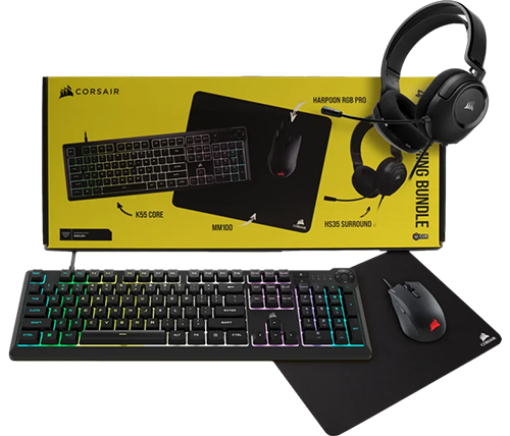 תמונה של סט גיימינג Corsair של 4 ב-1 הכולל מקלדת K55 Core RGB אוזניות HS35 V2 עכבר Harpoon Pro RGB ומשטח לעכבר MM100 Cloth